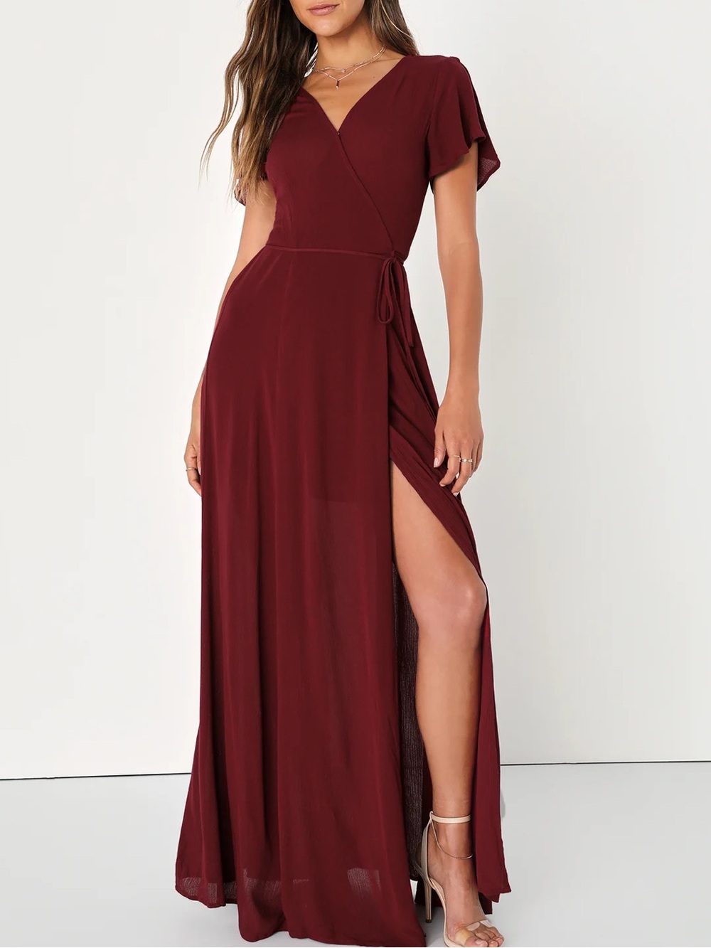 Lulus Heart of Marigold Burgundy Wrap Maxi Dress Flutter Sleeve Flowy Gauzy Sz M